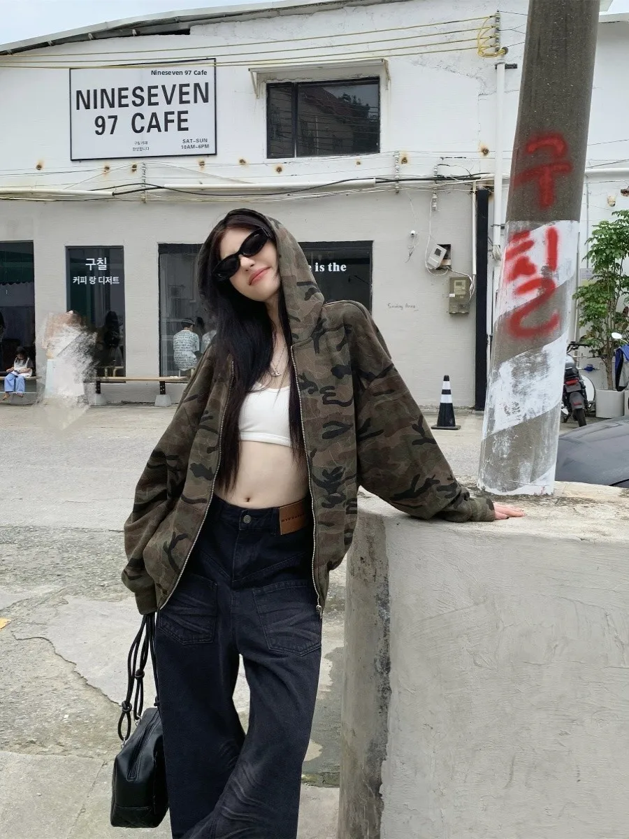 Retro Camouflage Long Sve Hoodie Jaet Loose American Sle Versatile Casual Zipper Top Trendy Women's Outerwear