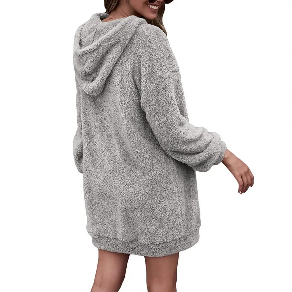 Women Loose Fleece Sweatshirt Dress Autumn Hoody Long Sleeve Pocket Homewear Warm Velvet Baggy Dresses Casual Mid Length Top
