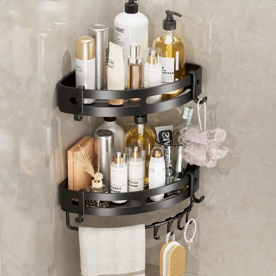 

Adhesive Shower Corner Caddy 2Pack Heavy Duty Shower Corner Shelves Rack with 8 Hooks and 1 Towel Bar Rustproof Bathroom Organi