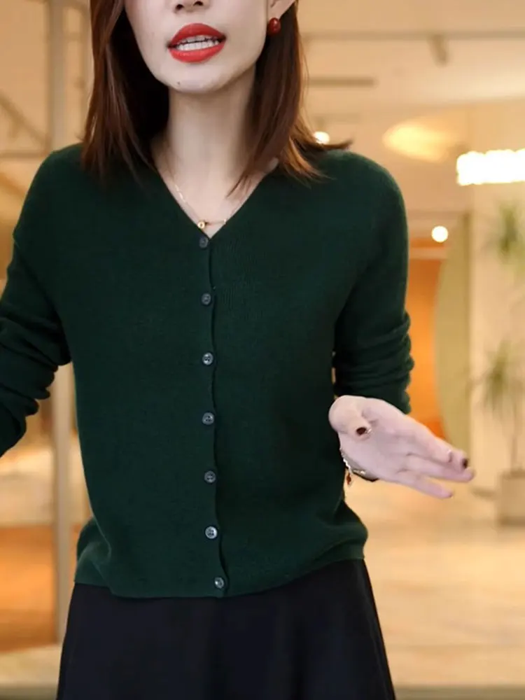 Chic Knitted V-Ne Long Sve Casual Cardigan Pure Color Simple Commute Sle Korean Version Straight Cut Button Detail