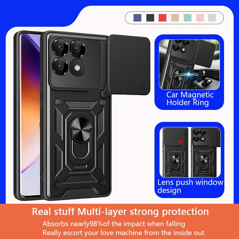 For Xiaomi Poco F6 Pro 5G Case Slide Lens Armor Phone Cases for Poko Little F 6 F6Pro Pocof6 Pocof6pro Car Stand Ring Back Cover