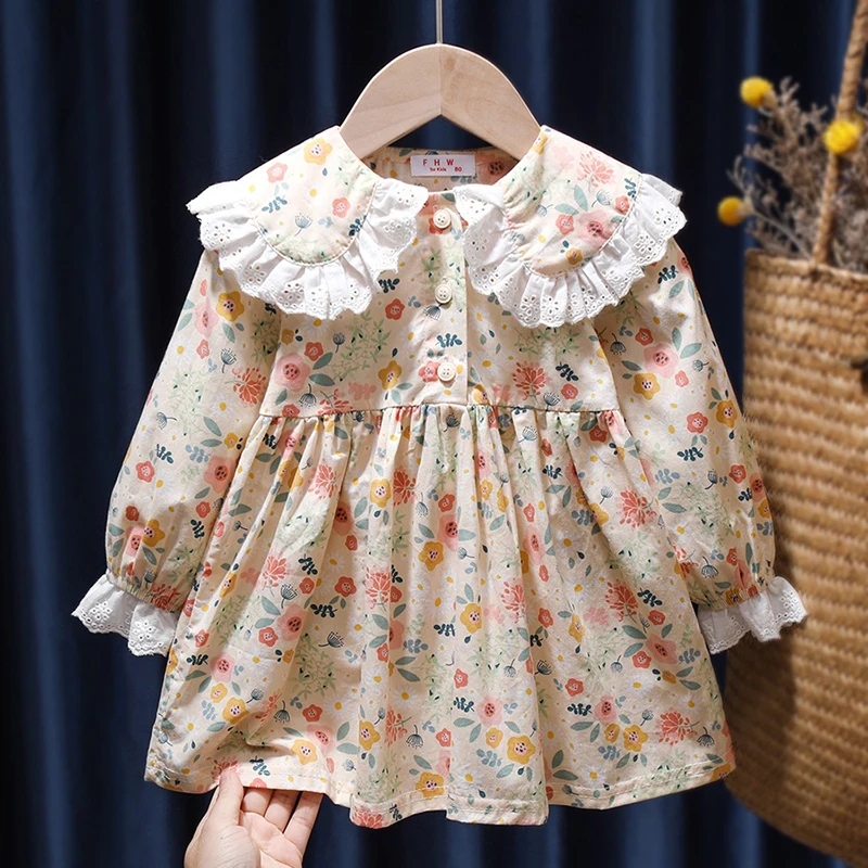 Baby Girls Floral Princess Dress Spring Autumn Korean Style Long Sleeve Big Turn Down Collar Kids Girl Dresses Summer 2023 New