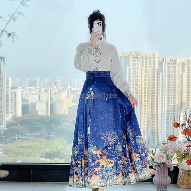 Woman Ming Dynasty Hanfu Set Horse Face Skirt Chinese Traditional Hanfu Costume Stand Collar Vintage Pleats Skirt