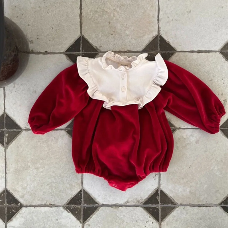 2024 Winter New Baby Girl Warm Bodysuit Newborn Toddler Long Sleeve Clothes Fashion Infant Girl Ruffled Collar Jumpsuit 0-24M