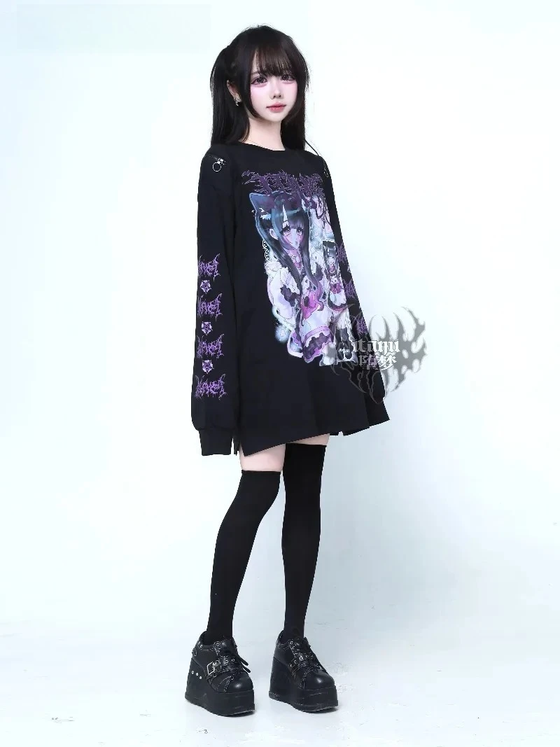 Subculture Anime Print Gothic Long Sleeve T-Shirt Spring and Summer Girl Women's Punk Style Round Neck Loose Tee Shirt Tops
