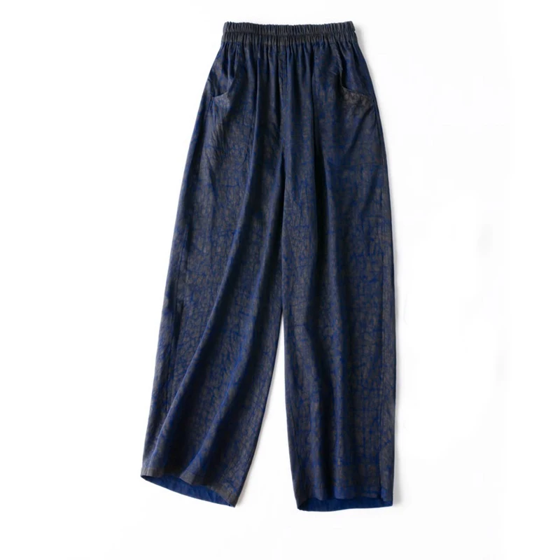

Double Sided Deep Blue Turtle Crack 100% Natural Mulberry Silk Fragrant Cloud Yarn Retro Artistic Elastic Waisted Harun Pants