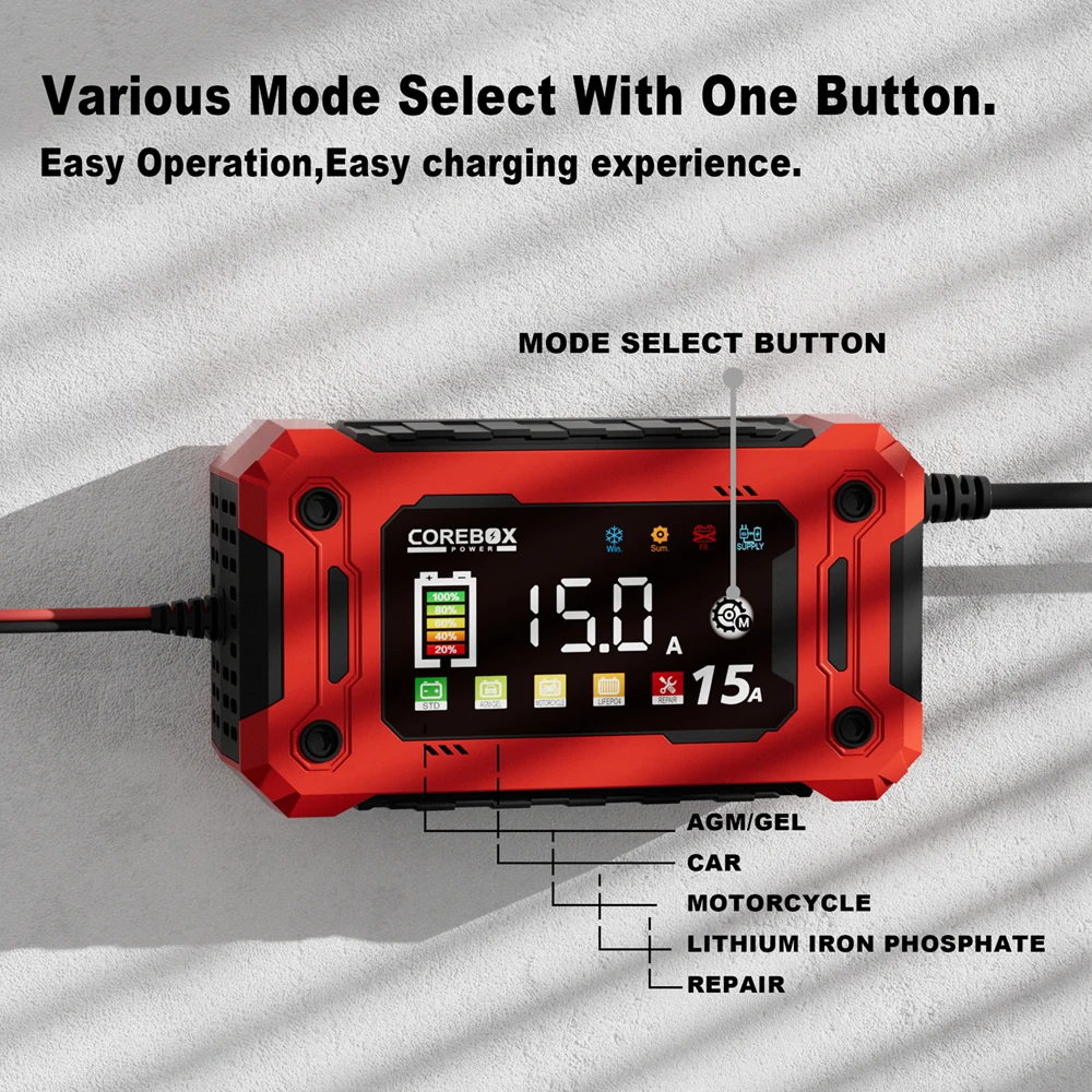 12V 15A 8A Inteligentní nabíječka baterií pro auto, moto, LiFePO4, olověné, kyselinové, AGM, gelové, LED digitální dotykové displeje, lithium-iron nabíječky baterií - náhled 2