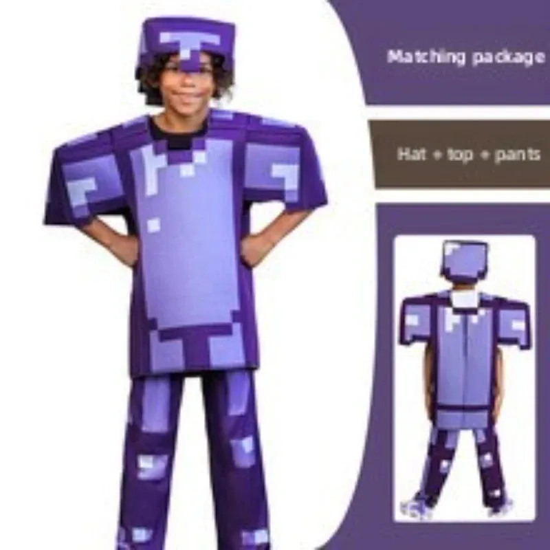 Qq28LQKids Kostum Cosplay Steve Karakter Permainan Armor Berlian 3 Potong Pakaian Biru Set Berdandan Halloween untuk