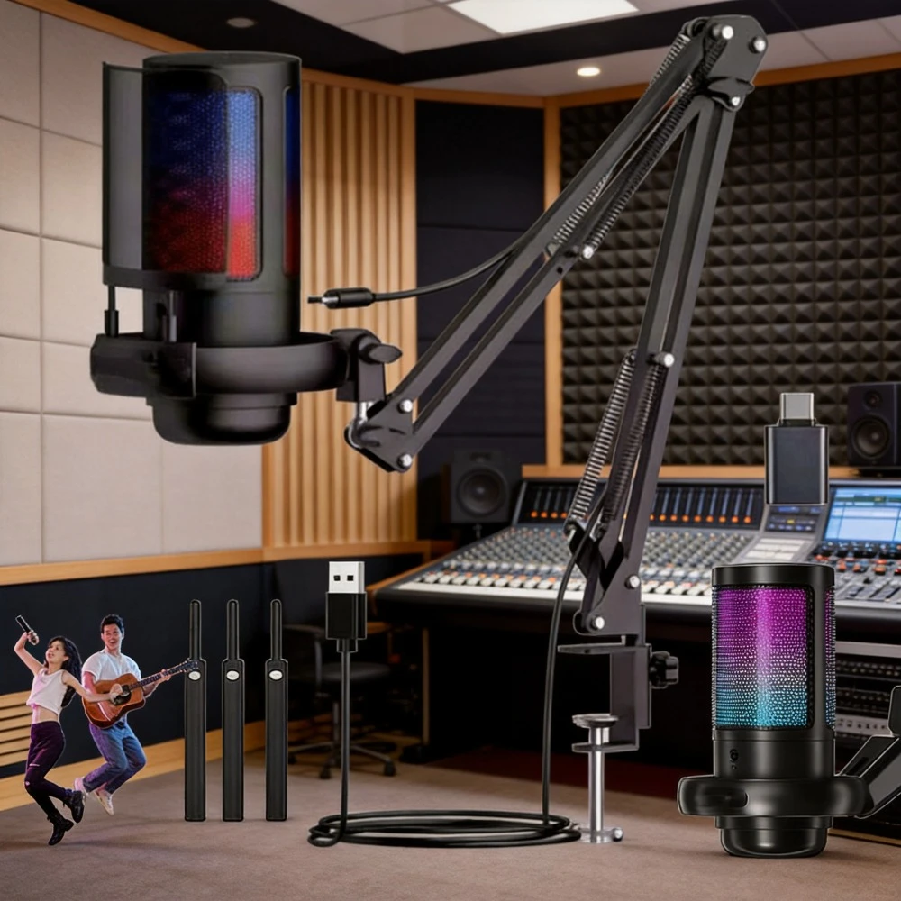 Microphone USB professionnel avec bras articulé, éclairage RGB, bouton de sourdine, prise casque 3,5 mm pour le streaming, les jeux et les podcasts