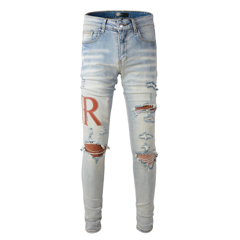 

Men's High Street Distressed Light Blue Jeans Embroidered Leather Letters Skinny Stretch Jeans