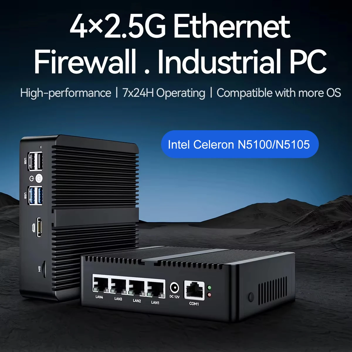 Mini PC Industrial sin Ventilador Intel Celeron N5105 N5100 4x Ethernet 2.5G 1x COM RS232 Ranura SIM mPCIE Windows Linux Pfsense OpenWrt