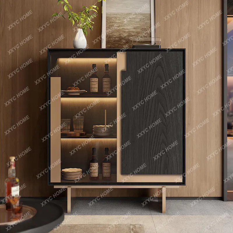 Light luxury solid wood wine cabinet, living room double door glass locker