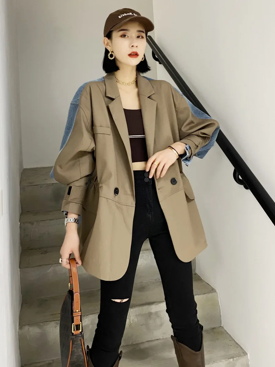 SuperAen 2024 New Spring Autumn Khaki Denim Patchwork Notched Full Office Lady Single Breasted Suit Coat Women Blazer