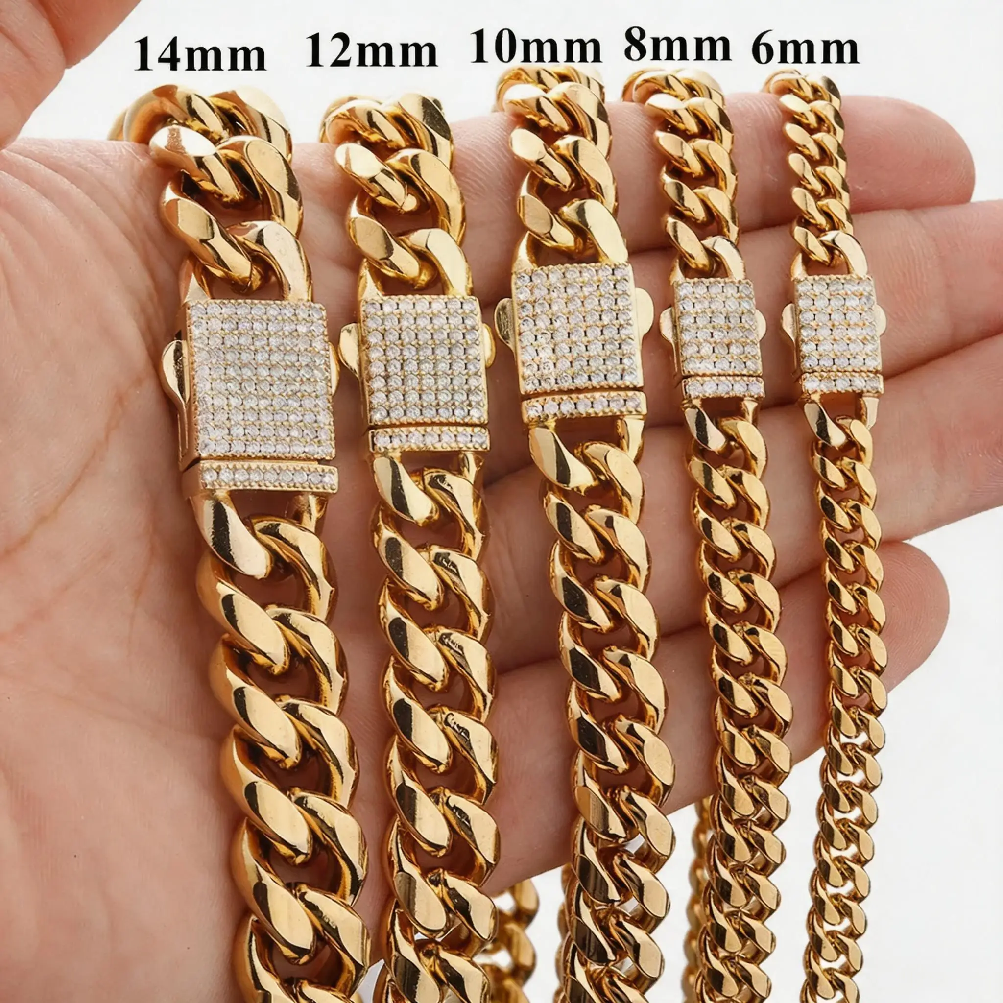 New Fashion 316L Stainless Steel Miami Link Chain Necklace Bracelet 7"-40" Crystal Buckle Gift
