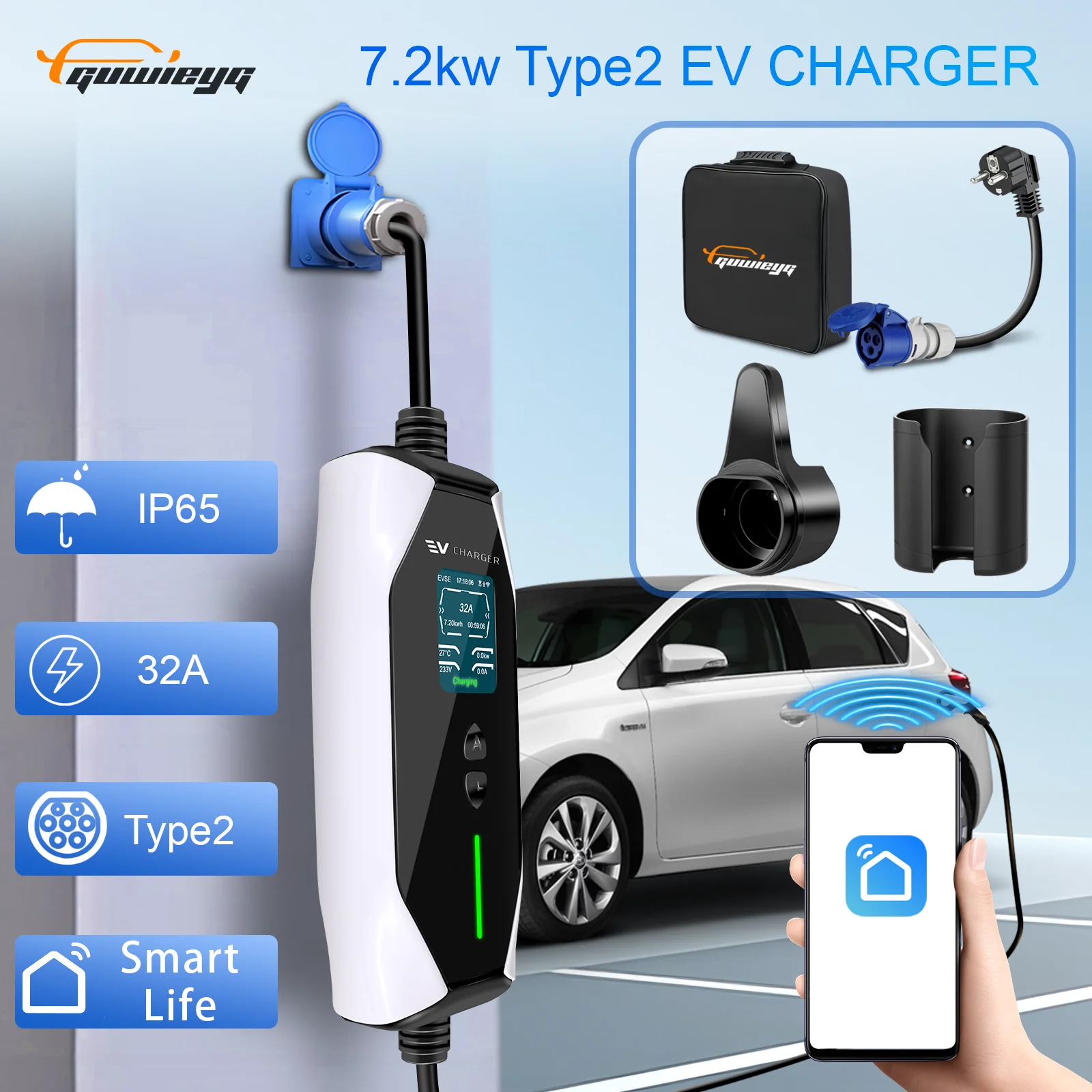 Portable EV Charger Type2 Cord 7KW 32A 1Phase 5Meter EVSE Wallbox Charging Box Charging Station for Electric Vehicle Car