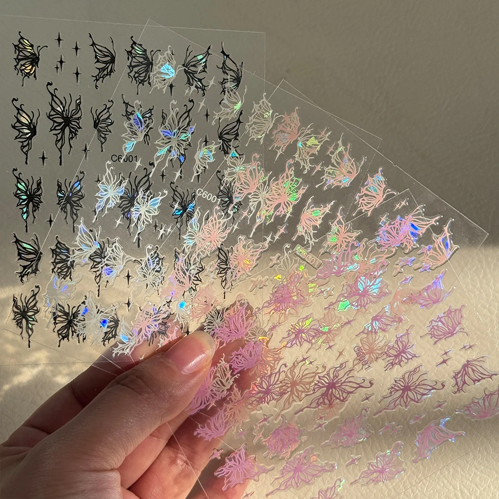 3D 妖精蝶オーロラネイルステッカー Y2k ブラック/ホワイト/ピンク/パープルホログラフィック効果蝶ネイルデカール DIY マニキュアデコ