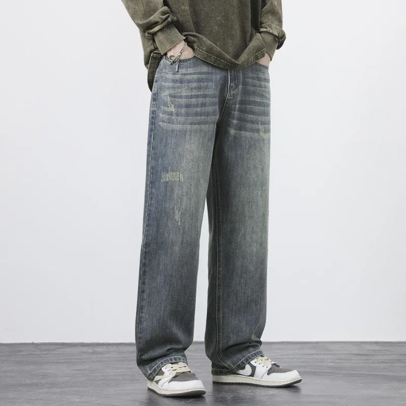 

Уличная одежда, мужские мешковатые джинсы, винтажные потертые модные повседневные широкие брюки, мужские индивидуальные уличные джинсовые брюки