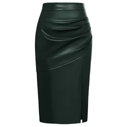 Women Bodycon Skirts Elegant PU Leather OL Work Pencil Skirt High Waist Solid Knee-length Fashion Casual Slim Fit Skirts