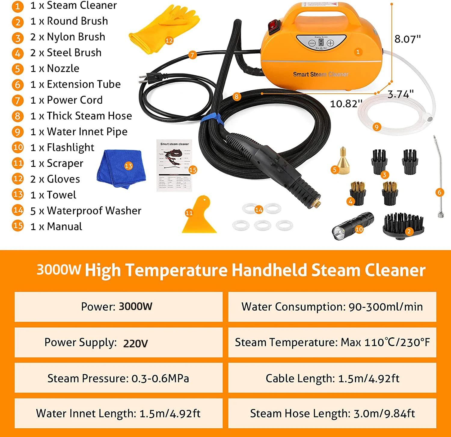 High Pressure Steam Cleaner 3000W Handheld 3Bar Portable Steam Cleaning Machine Household for Cleaning Kitchen Bathroom