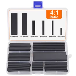 Wire Heat Shrink Tubing Kit - 4:1 Ratio Adhesive Lined 73pcs 7 Size Black Waterproof Industrial Electrical Heatshrink Wrap Tubes