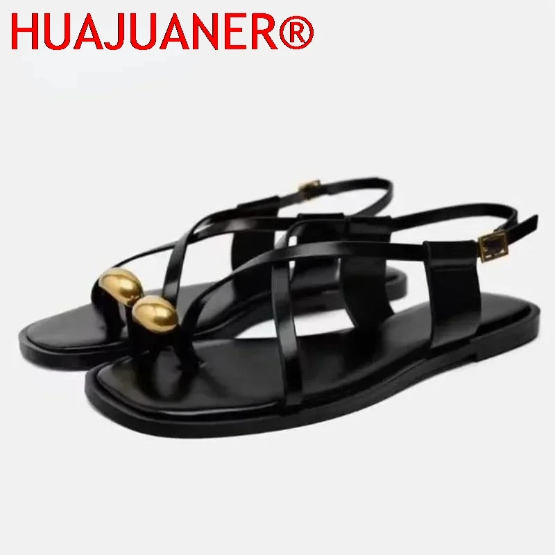

Sexy Thin Straps Flat Sandals Women 2026 Summer Footwear Chic Metal Square Toe Soft Leather Beach Traf Shoes for Lady Wholesale