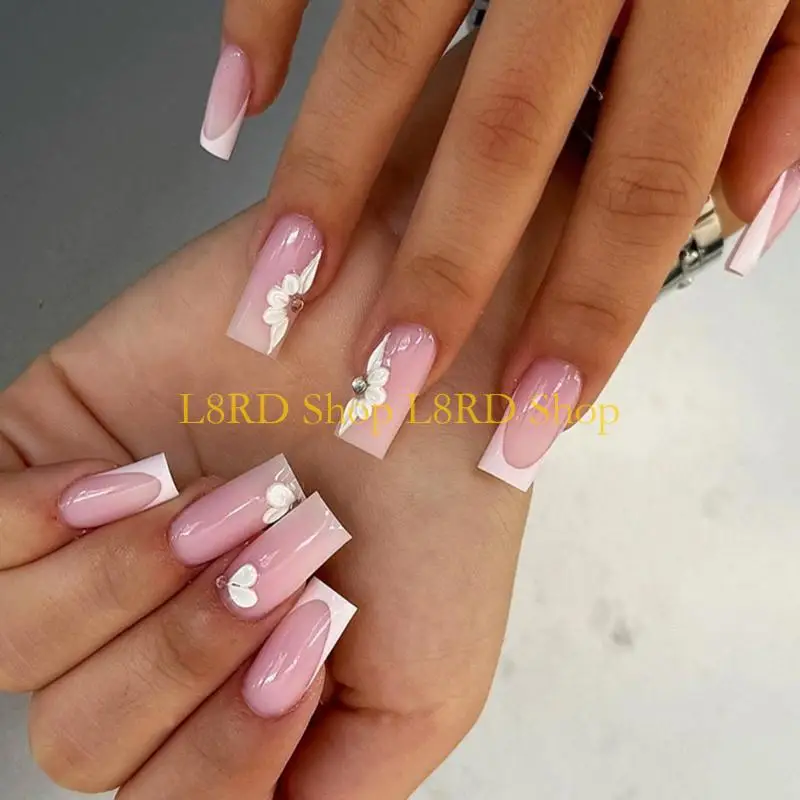 L8RD – ensemble d'ongles longs carrés à pression, 24 pièces, artificiels pour femmes filles, bâton en acrylique pour une