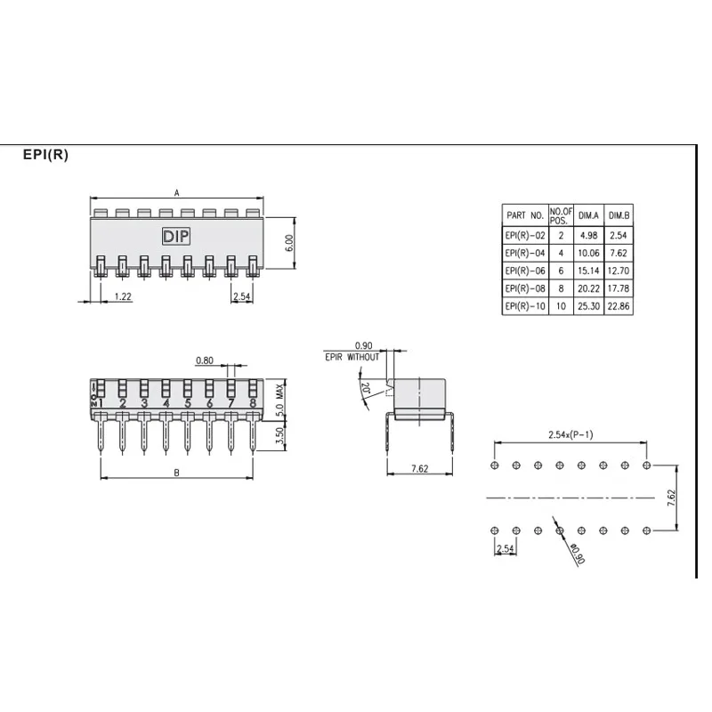 Interruptor lateral do piano, posição 6, 6 p, inline, 2,54, dip din epi-06-v, 2 pcs/set