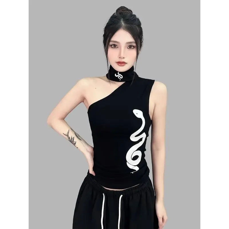 Original Snake Slanted Shoulder Tank Top with Neck Cover Spicy Girl Temperament Streetwear Slim Fit Crop Tops Grunge Y2k Top