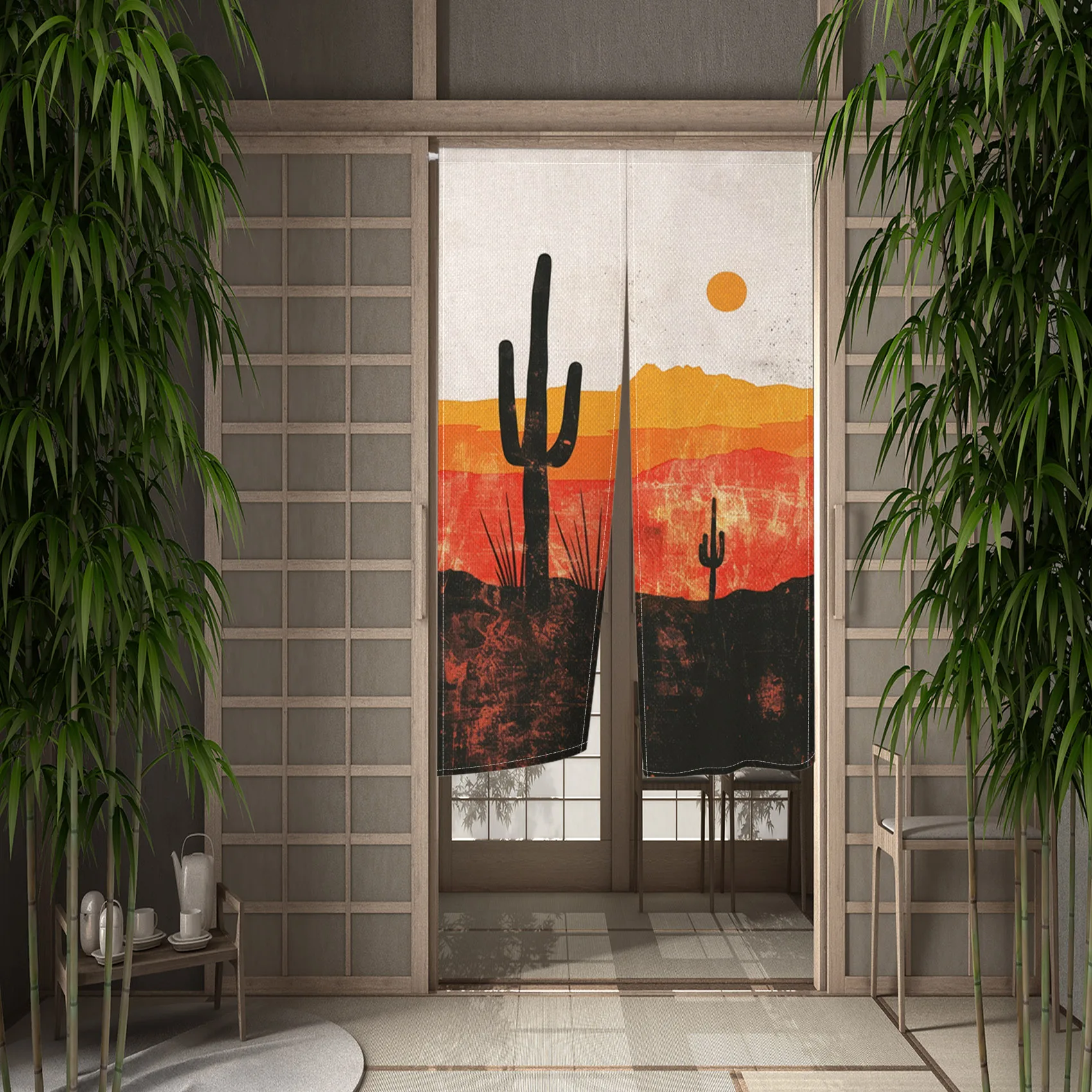 Desert Cactus Japanese Door Curtain Cafe Restaurant Kitchen Bedroom Bathhouse Suspended Privacy Partition Opaque Custom Curtain