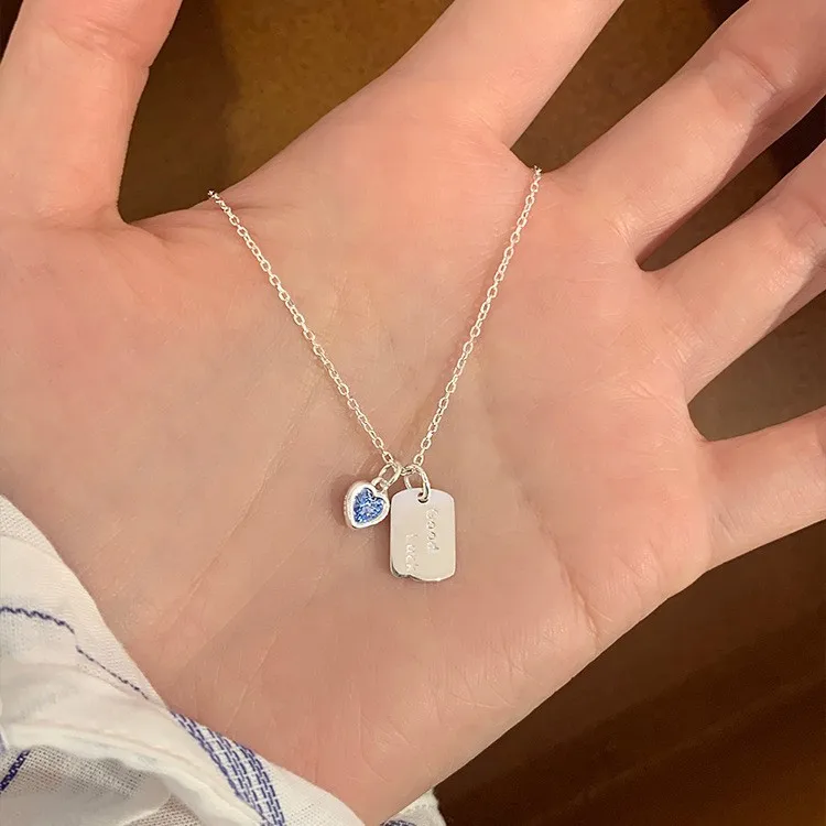 925 Sterling Silver Necklace Blue Heart Pendant Good Luck Tag Wish Elegant for Women Girl Jewelry Gift Dropshipping Wholesale