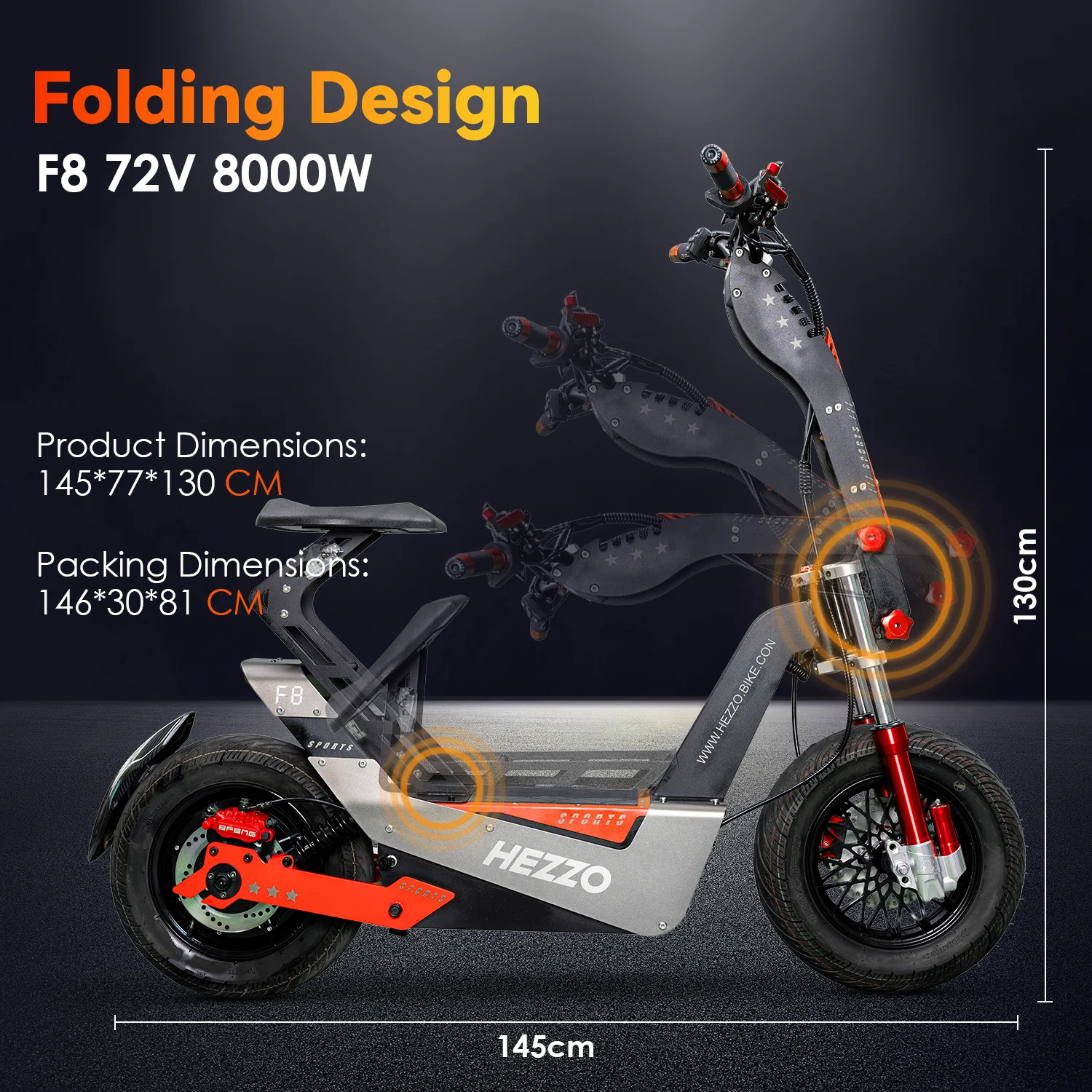 HEZZO-F8 Electric Scooter, Long Range, Off Road, Folding, Scooter with Seat, 100 km/h Max Speed, 50Ah, 120km, 16Inch, 72V, 8000W