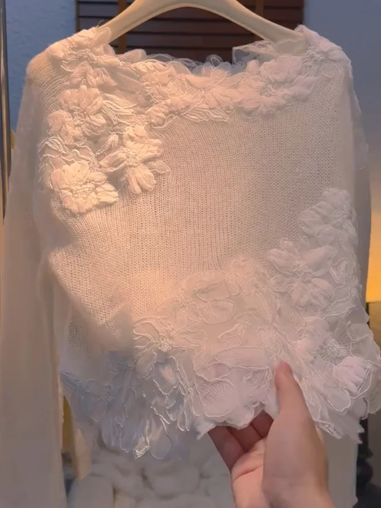 

Ele Floral Splice Knitted Top plus Size Faionable Slimming Women's Autumn New Sle round Ne Plant Floral Pattern