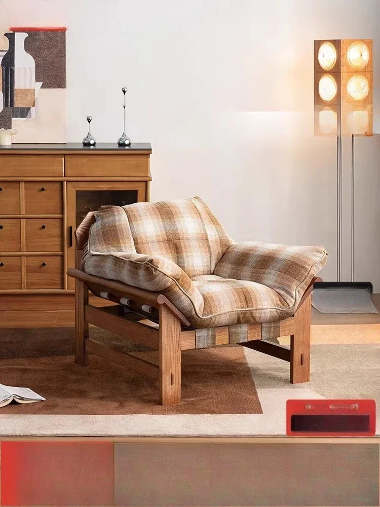 Medieval retro solid wood fabric single sofa small apartment living room designer lazy sofa