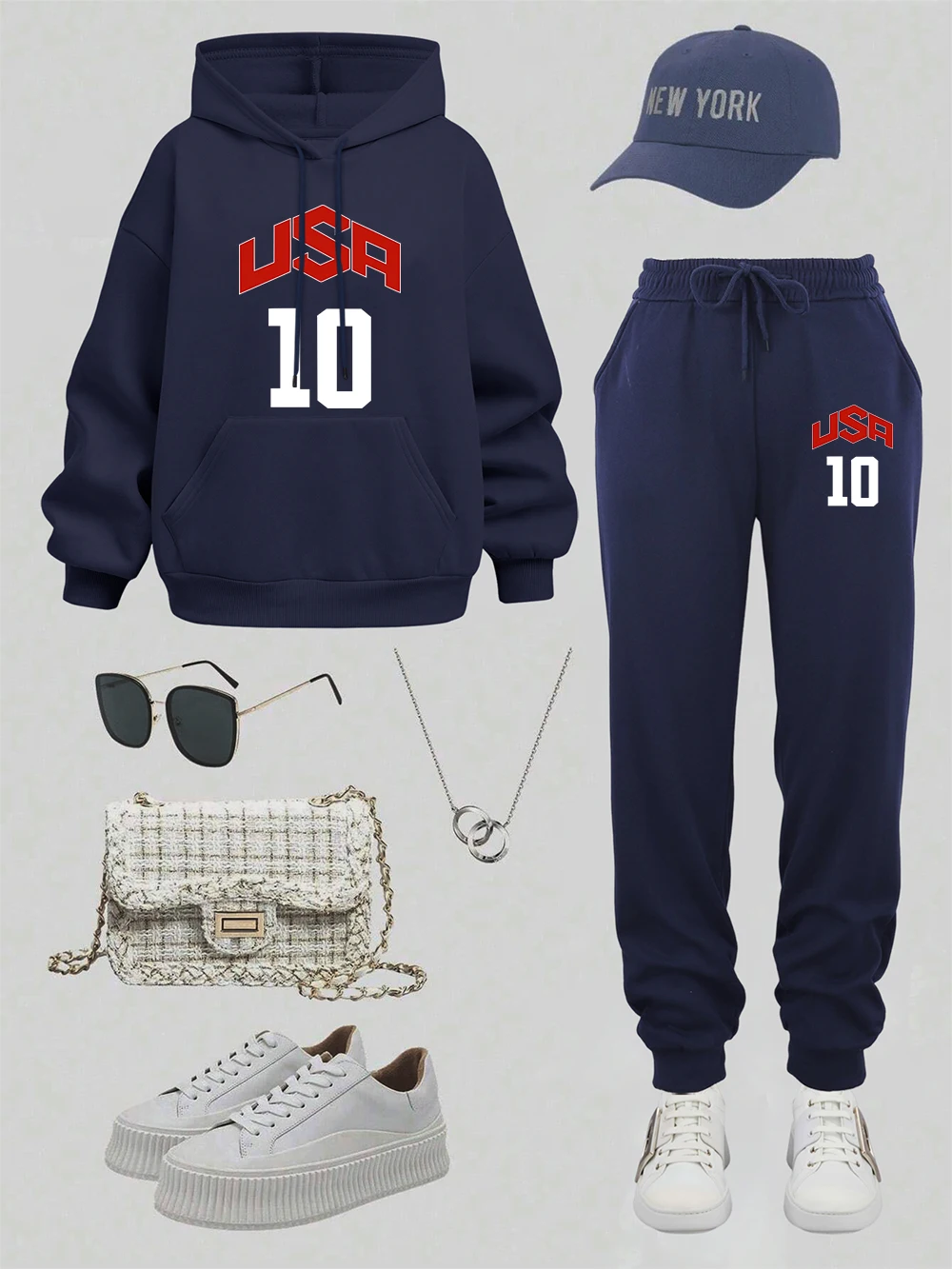 2 Piece Hoodie Set Women Football Usa 10 Print Prints Sweatpantssporty Fleece Warm Pocket Sweatshirt Pants Autumn Loose Clothes