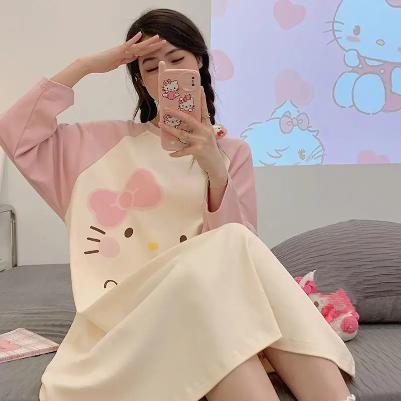 

Spring and Summer New Cartoon Women's Long Sleeved Nightgown Cute Anime Medium Long Dress Loose Casual Youth Home Wear Kawaii