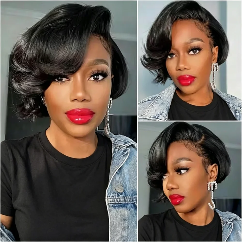 Perruque courte bob transparente en dentelle HD 13x4, 100% cheveux humains, coupe pixie, couleur naturelle, avec baby hair, pour femme noire