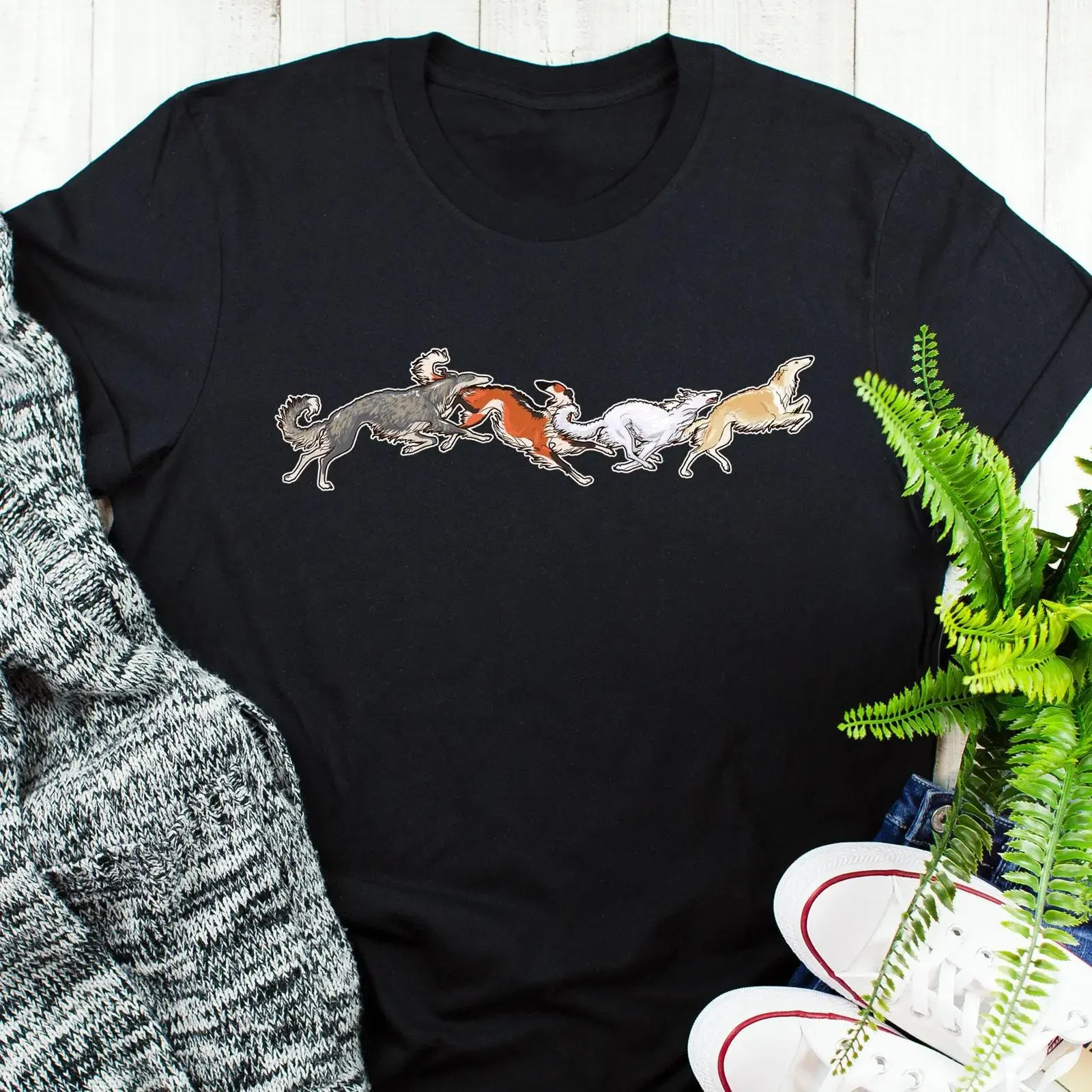 Running Borzoi T Shirt Cute Russian Sighthound Dog Lover for Pet Mom Dad Casual Tops vintage Washed Soft graphic Stylish