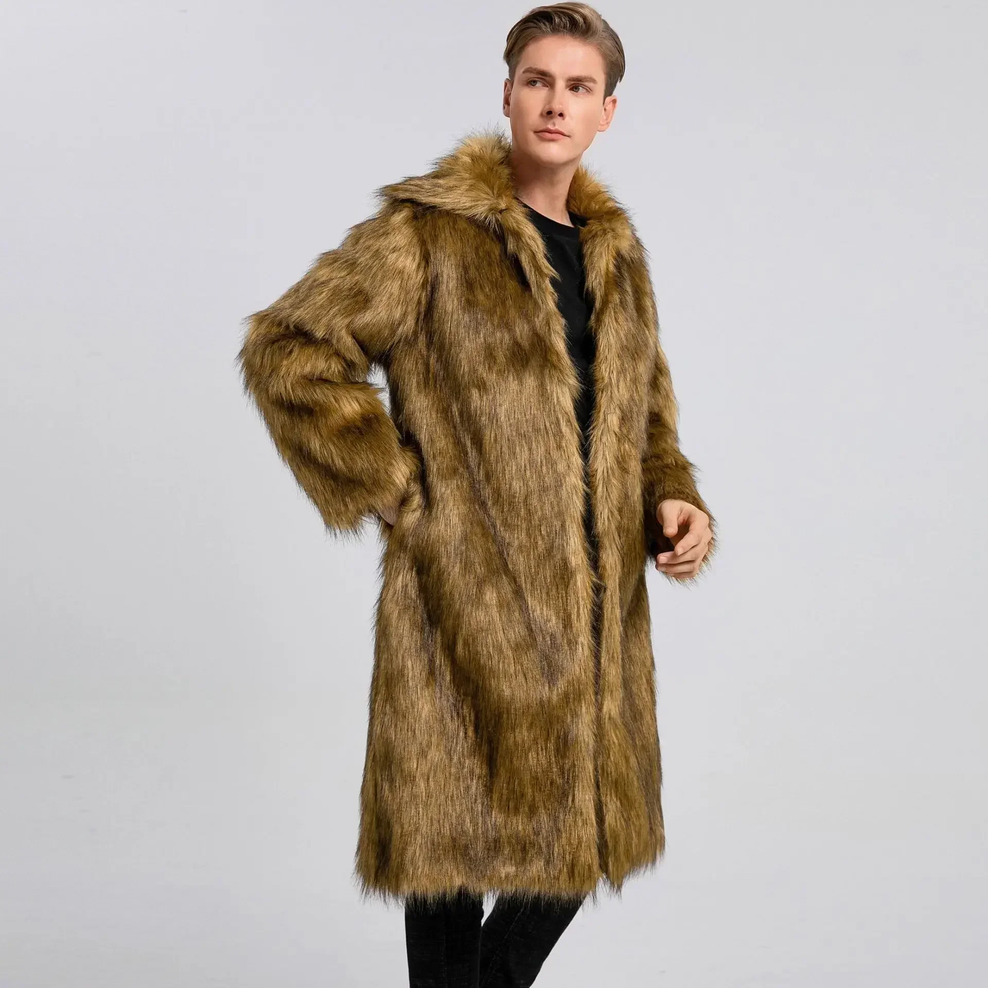Men Faux Fox Fur Jacket Coat Winter Warm Thick Fluffy Long Sleeve Shaggy Outerwear Luxury Fur Long Jacket Bontjas Jackets Mens