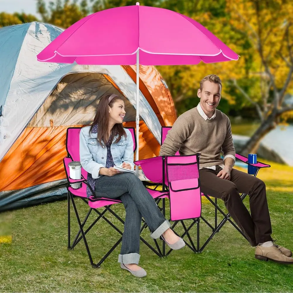 Double Beach Chair, 2-Person Portable Loveseat w/Removable Umbrella, Cup Holders & Carrying Bag, olding Camping Chairs or Adults