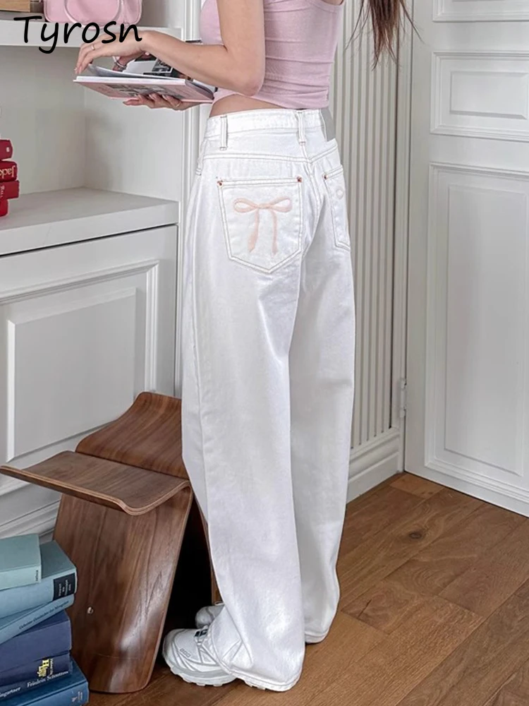 

White Straight Jeans for Women Bow Embroidered Summer New High Waist Loose Slender Wide Leg Trousers Design Temperament Street