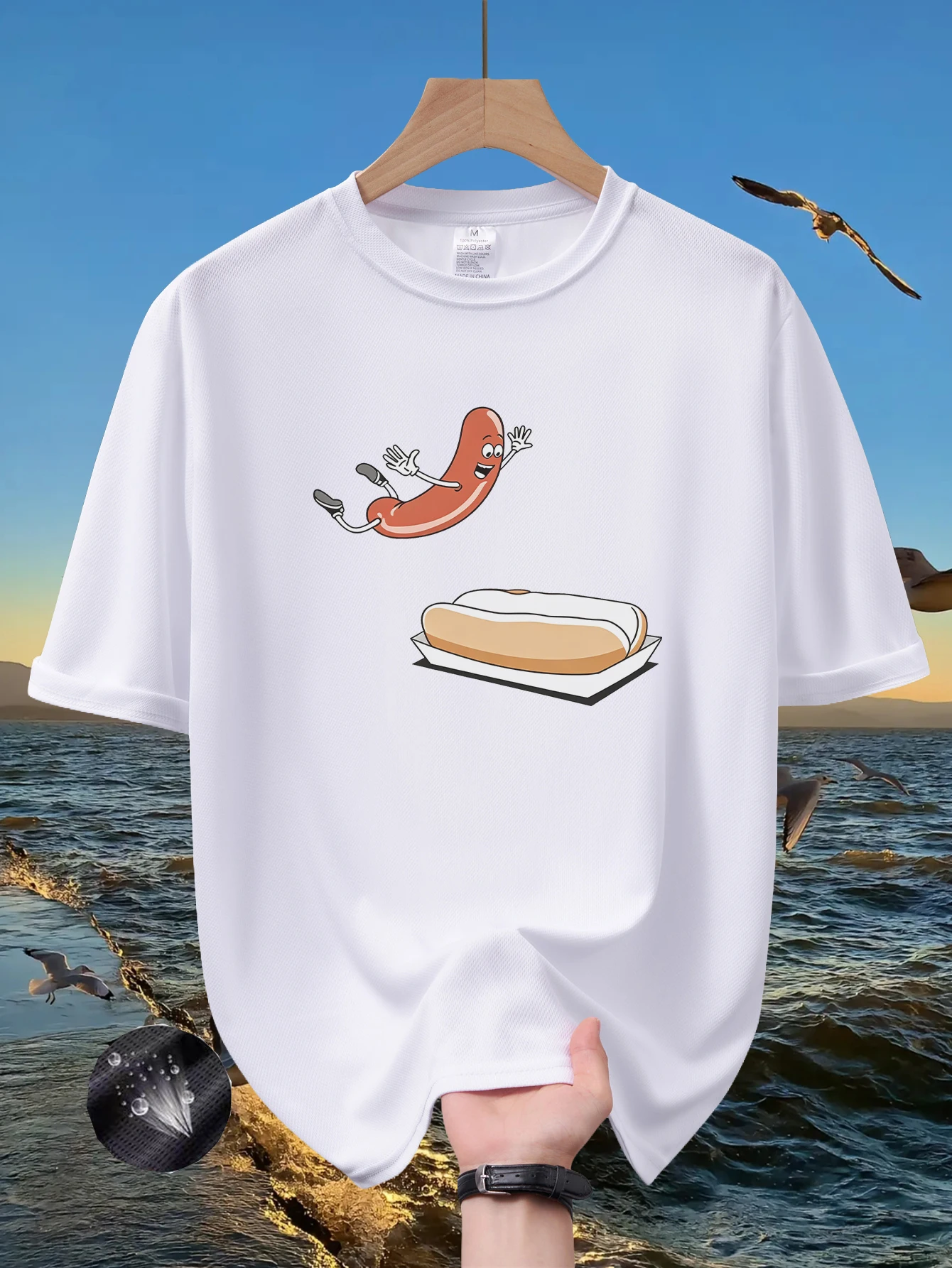 Men Funny Jumping Hot Dog Cartoon Print T Shirt Summer Quick Dry Breathable Short Sleeve Tee Humor Food Graphic Streetwear Tops