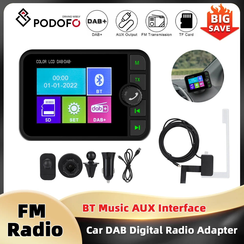 Podofo 2,4-Zoll-LCD-Display DAB/DAB+ Radio Bluetooth Musik FM-Transmitter Broadcast Auto DAB Digitalradio-Adapter für Ford VW Audi