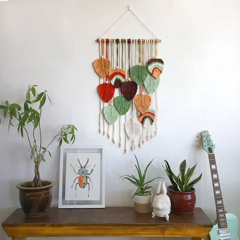 

Bohemian Macrame Wall Hanging Weaved Cotton Rope Leaf Decorative Art for Kindergarten And Homestay Rectangular Shape