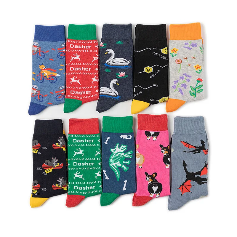 Combed Cotton Men's Socks Colorful Print Cat Dog Plants Cartoon Men Happy Funny Skateboard Socks