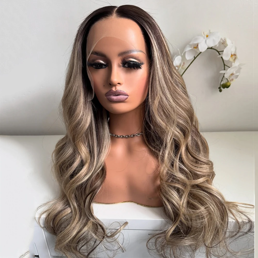 

Highlight Body Wave Wig Synthetic Hair Lace Wigs Dark Root Honey Blonde Body Wavy Lace Front Wig For Women High Heat Cosplay Wig