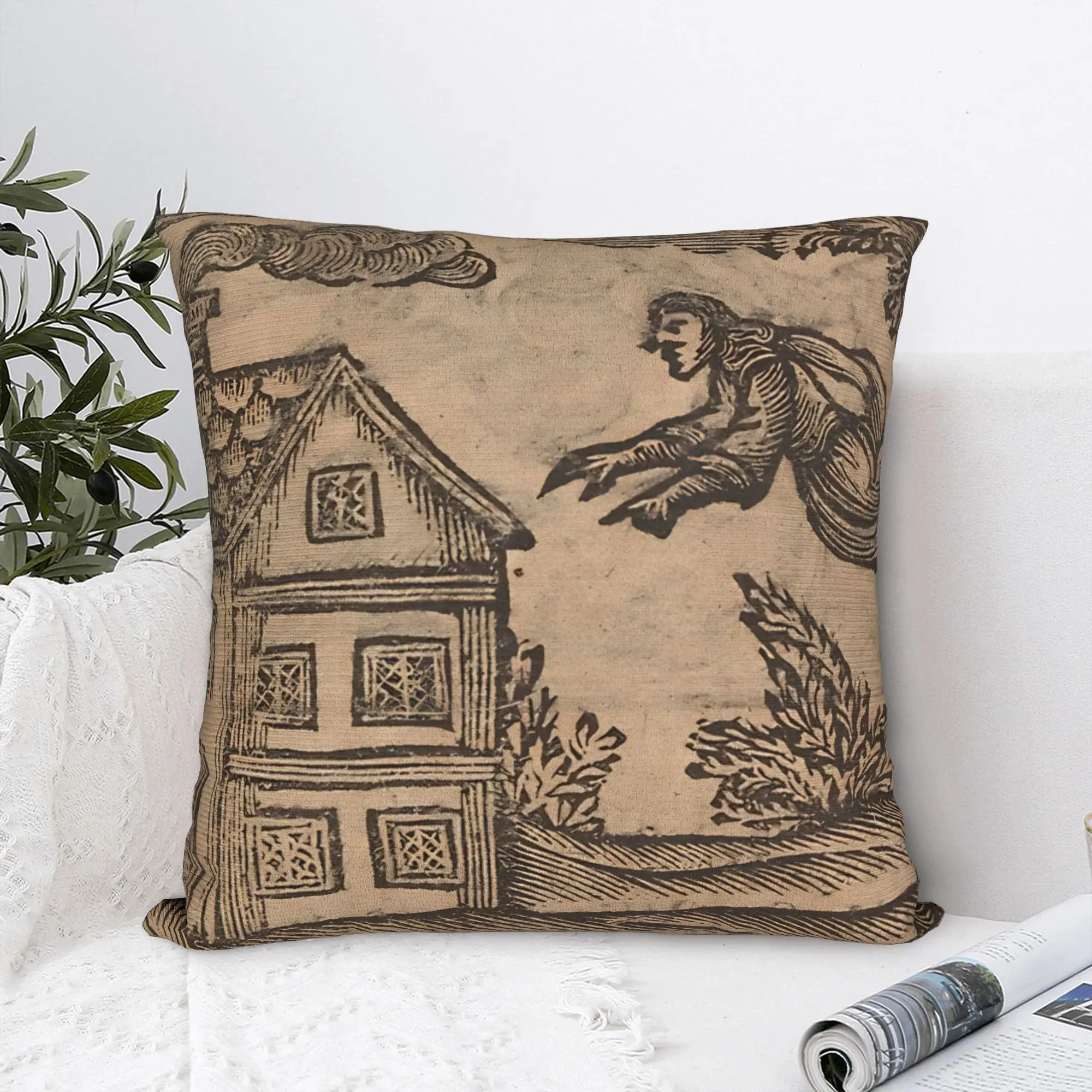 Soft 18th Century European Woodcut Prints Pillowcase Polyester Cushion Cover Gift Flying Witch Pillow Case Cover Home Square