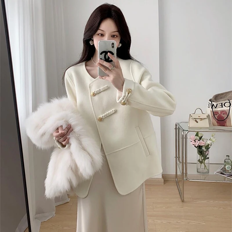 2023 High Quality Wool Coat Two Piece Women\'s Spring and Autumn Fashion Short Fox Fur Grass Vest O-Neck Gold button real Fur Jac