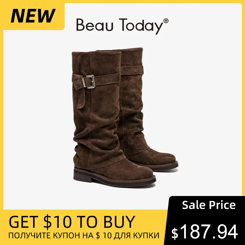 BEAUTODAY Suede Long Boots Women Cow Leather Round Toe Buckle Decoration Retro Tube Boots Ladies Shoes Handmade 06171