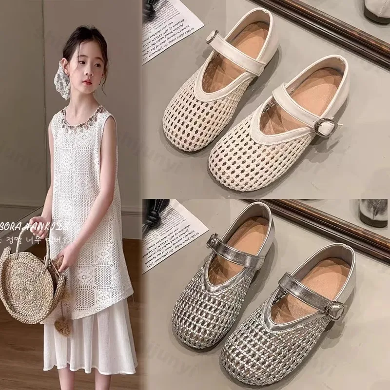 

Children Dress Leather Shoes 2026 Spring Summer Roman Sandals Girls Princess Shoes Mary Janes Round Toe Soft Sole Kids Flat Shoe