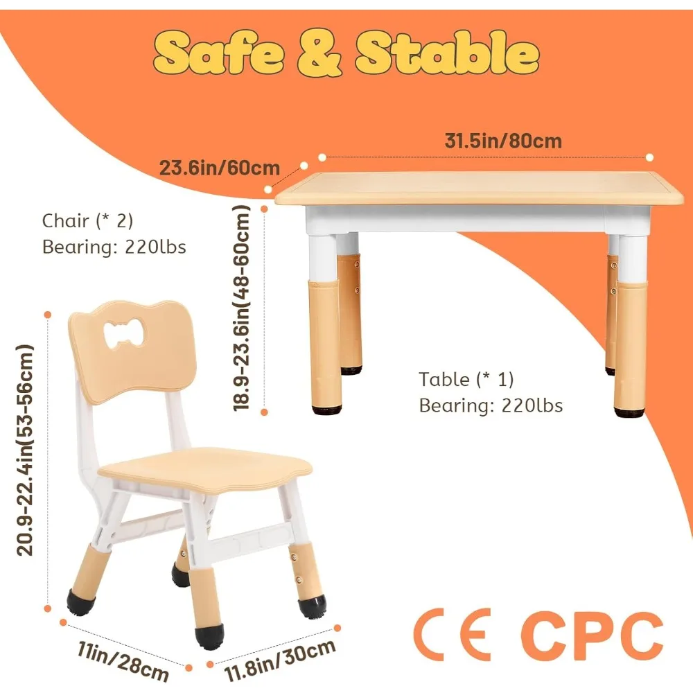 Детский стол и 2 стула в комплекте для возраста 3-8 лет, регулируемый по высоте стол для малышей и стулья, Легко протирается стол для декоративно-прикладного искусства